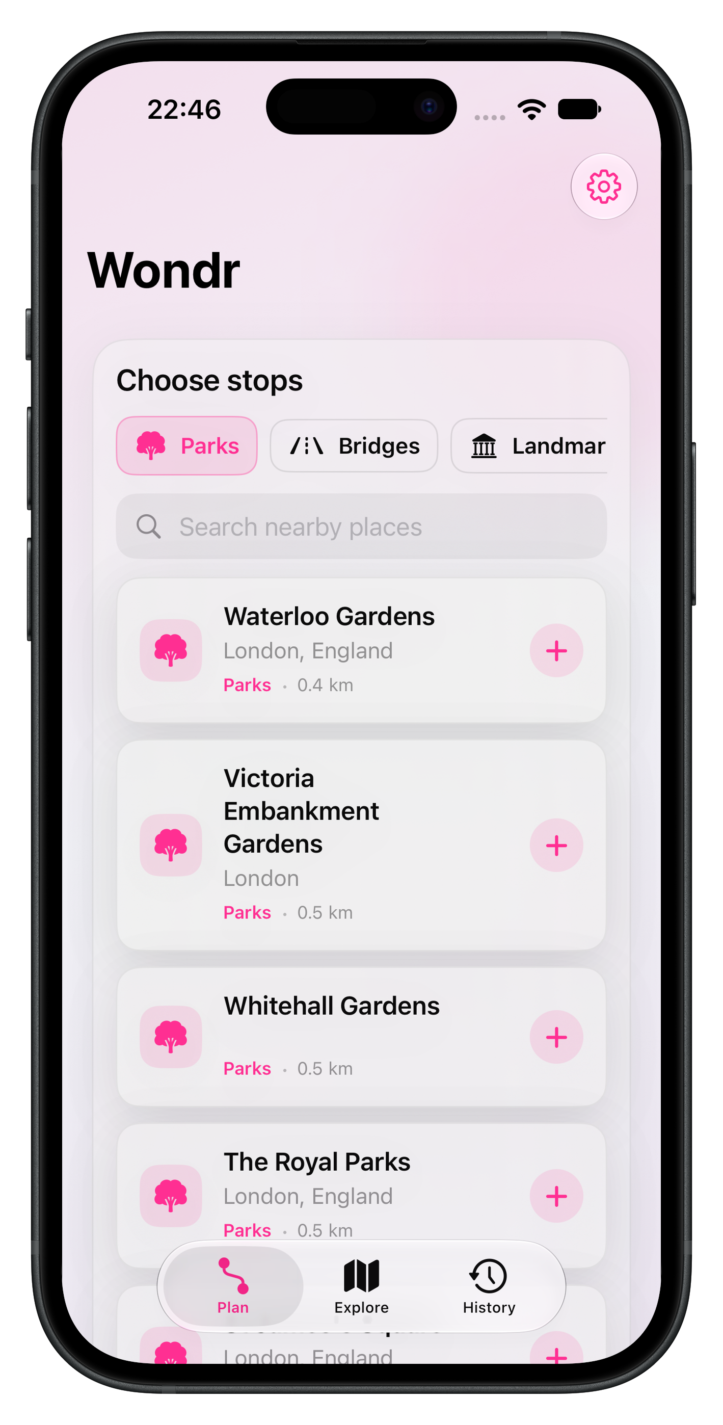 Wondr Plan screen showing nearby stops to add to a route