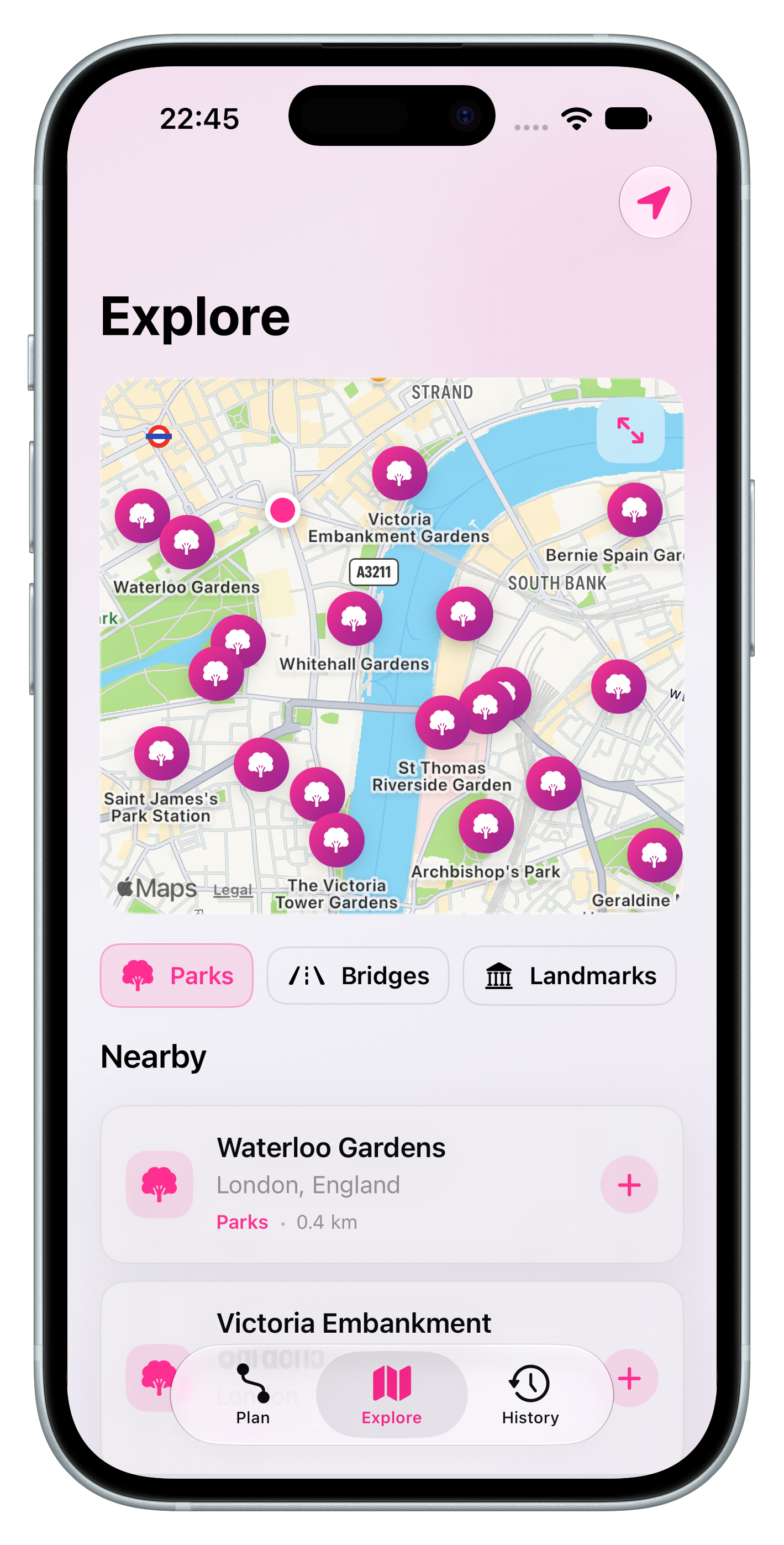 Wondr Explore screen showing nearby parks on a map